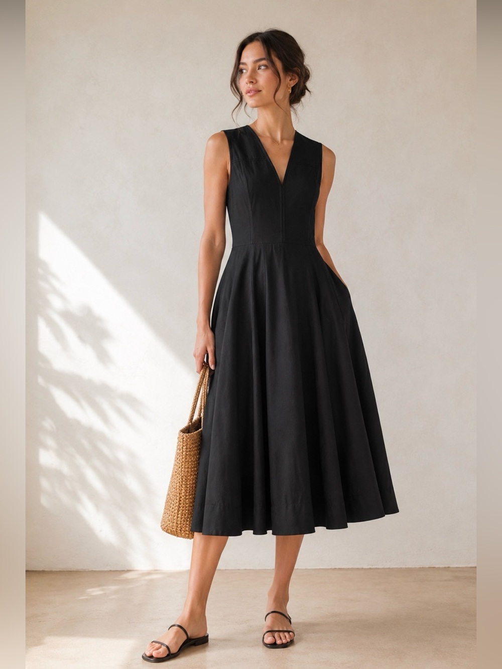 Madewell Black V-Neck full skirt cotton poplin Midi Dress with pockets nwt 4
